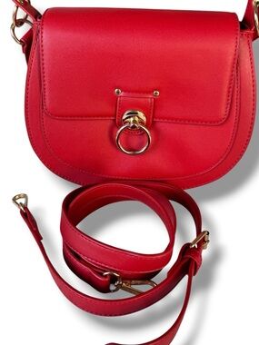 Badgley Mischka Red Vegan Leather Saddle Bag Ring Lock 2-Way Crossbody